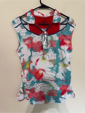 Sleeveless Collared Tank Top in Multicolor Red & Teal
